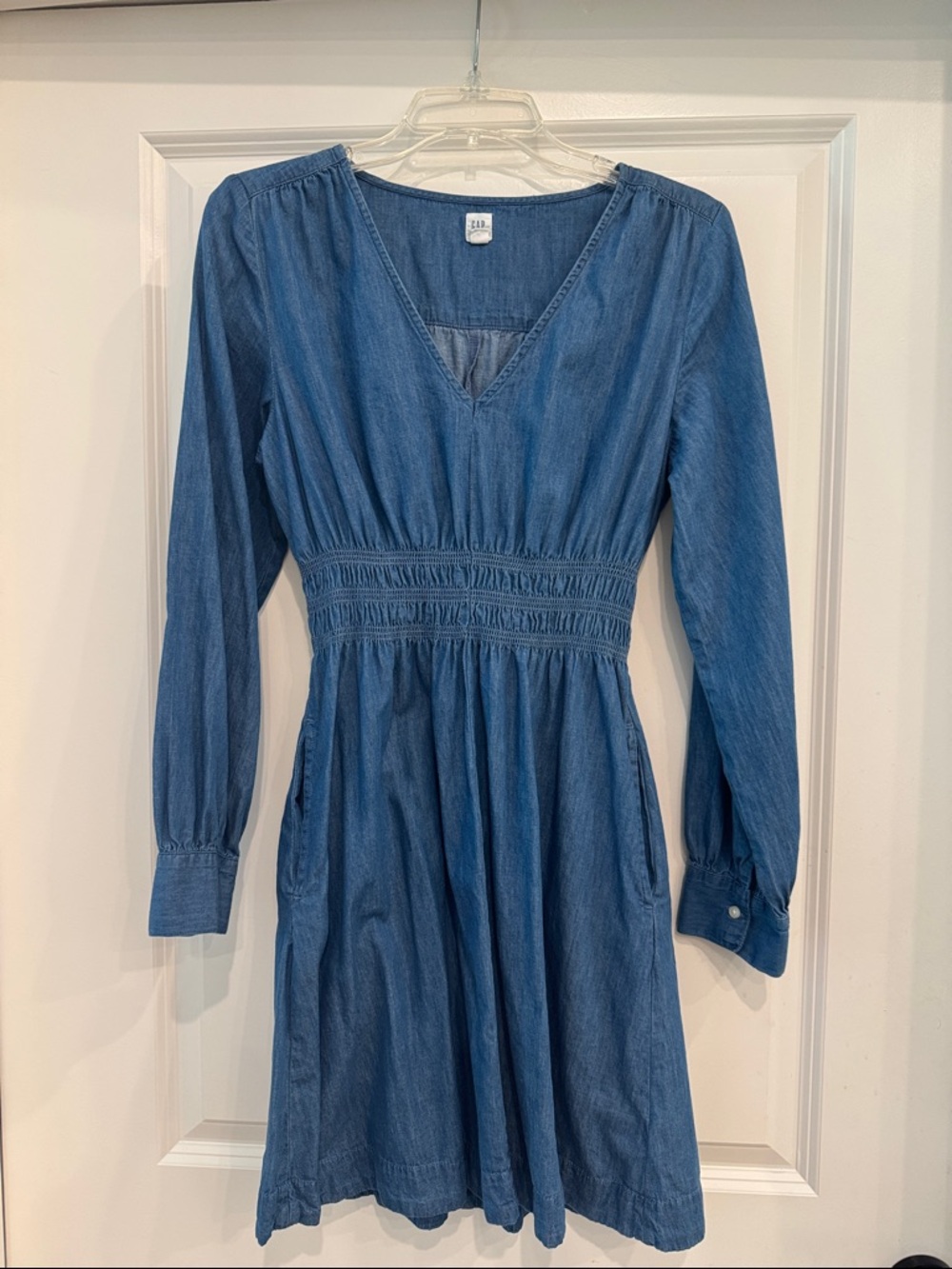 GAP Denim-Style Long Sleeve V-Neck Dress in Blue